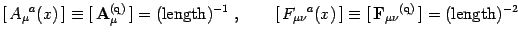$\displaystyle \left[\, A_\mu{}^a(x)\, \right] \equiv
[\, \mathbf{A}_\mu^{(\math...
..., ] \equiv
[\, \mathbf{F}_{\mu\nu}{}^{(\mathrm{q})}\,]=( \mathrm{length} )^{-2}$