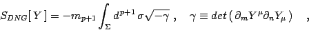 \begin{displaymath}
S_{DNG}[  Y ] =
-m_{p+1}\int_\Sigma d^{  p+1}  \sigma\sq...
... det\left( \partial_m Y^\mu \partial_n Y_\mu \right)
\quad ,
\end{displaymath}