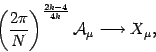 \begin{displaymath}
\left( {2\pi\over N}\right)^{{2k-4\over 4k}}{\mathcal{A}}_\mu
\longrightarrow
X_\mu
,
\end{displaymath}