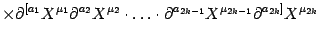 $\displaystyle \times \partial^{[ a_1} X^{\mu_1}\partial^{a_2} X^{\mu_2}
\cdot\dots\cdot
\partial^{a_{2k-1}} X^{\mu_{2k-1}}\partial^{a_{2k}]}
X^{\mu_{2k}}$