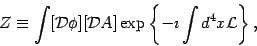 \begin{displaymath}
Z \equiv \int [ {\mathcal{D}} \phi ] [ {\mathcal{D}} A ]
\exp\left\{ - \imath \int d ^{4} x {\mathcal{L}} \right\},
\end{displaymath}