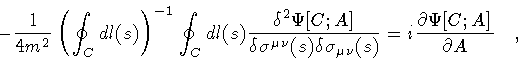 \begin{displaymath}-
\frac{1}{4 m ^{2}}
\left( \oint _{C} dl (s) \right) ^{-1}...
... (s)}
=
i
\frac{\partial \Psi [C ; A]}{\partial A}
\quad ,
\end{displaymath}