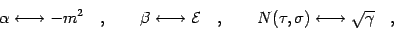 \begin{displaymath}
\alpha \longleftrightarrow - m ^{2}
\quad , \qquad
\beta ...
...
N (\tau , \sigma) \longleftrightarrow \sqrt{\gamma}
\quad ,
\end{displaymath}