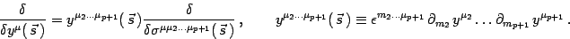 \begin{displaymath}
{\delta\over \delta y^\mu( \,\vec s \, )}=
y^{\mu_2\dots \mu...
..._{m_2}\, y^{\mu_2}\dots
\partial_{m_{p+1}}\, y^{\mu_{p+1}}\ .
\end{displaymath}