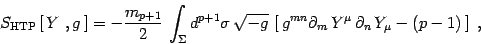 \begin{displaymath}
S_{\mathrm{HTP}}\left[\, Y\ , g\, \right]= -{m_{p+1}\over 2}...
... n}\partial_m\, Y^\mu\, \partial_n\, Y_\mu -(p-1)\,\right]
\ ,
\end{displaymath}