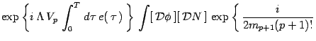 $\displaystyle \exp \left\{i\,
\Lambda \, V_p\,
\int_0^T\, d\tau\, e(\, \tau\, )...
...cal D}\phi\,]
[\,{\cal D} N\,]\,\exp \left\{\, {i\over 2 m_{p+1}(p+1)!} \right.$