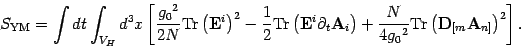 \begin{displaymath}
S_{\mathrm{YM}}=\int dt\int_{V_H} d^3x \left[ {g_0{}^2\over ...
...}D}}_{[ m} \mbox{\textit{\bf {}A}}_{n ]} \right)^2
\right]
.
\end{displaymath}