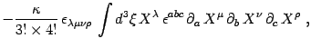 $\displaystyle -{\kappa\over 3!\times 4! }\, \epsilon_{\lambda\mu\nu\rho}\,
\int...
...c}\, \partial_{ a}\, X^{\mu}\, \partial_b\,
X^\nu\, \partial_{c}\, X^{\rho} \ ,$