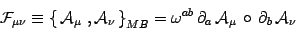 \begin{displaymath}
{\cal F}_{\mu\nu}\equiv
\left\{\, {\cal A}_\mu\ , {\cal A}_\...
...\partial_a\, {\cal A}_\mu\, \circ \, \partial_b\,
{\cal A}_\nu
\end{displaymath}