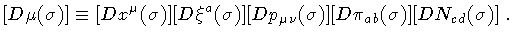 $\displaystyle [D \mu (\sigma)]
\equiv
[D x ^{\mu} (\sigma)]
[D \xi ^{a} (\sigma)]
[D p _{\mu \nu} (\sigma)]
[D \pi _{ab} (\sigma)]
[D N _{cd} (\sigma)]
\ .$