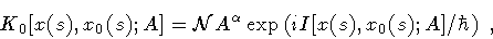 \begin{displaymath}K _{0} [ x (s) , x _{0} (s) ; A]
=
\mathcal{N}
A ^{\alpha}...
...\left(
i I [ x (s) , x _{0} (s) ; A ]
/
\hbar
\right)
\ ,
\end{displaymath}