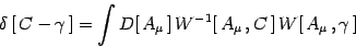 \begin{displaymath}
\delta\left[ C-\gamma \right]=\int D[  A_\mu ]  W^{-1}[  A_\mu  , C ] 
W[  A_\mu  ,\gamma ]
\end{displaymath}