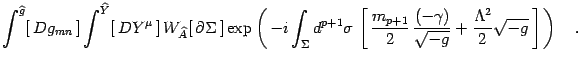 $\displaystyle \int^{\widehat g} [  Dg_{mn} ] \int^{\widehat Y}
[  DY^\mu ]\...
...-\gamma)\over \sqrt{-g}}
+{\Lambda^2\over 2}\sqrt{-g} \right] \right)
\quad .$