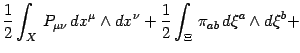 $\displaystyle \frac{1}{2}
\int _{X}
  P _{\mu \nu}  
dx ^{\mu} \wedge dx ^{\nu}
+
\frac{1}{2}
\int _{\Xi}
  \pi _{ab}  
d \xi ^{a} \wedge d \xi ^{b}
+$