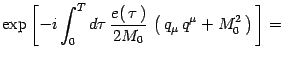$\displaystyle \exp\left[
- i\int _0^T d\tau\, {e(\, \tau\, )\over 2M_0}\,
\left(\, q_\mu\, q^\mu + M_0^2\, \right)\, \right]=$