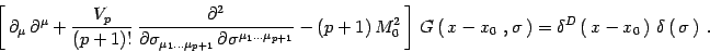 \begin{displaymath}
\left[\, \partial_\mu\, \partial^\mu + {V_p\over (p+1)!}\,
...
...\left(\, x-x_0\, \right)\,
\delta\left(\, \sigma\, \right)\ .
\end{displaymath}