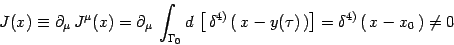 \begin{displaymath}
J(x)\equiv \partial_\mu   J^\mu(x)=
\partial_\mu   \int_{\...
...au)  \right)\right]
=\delta^{4)}\left(  x-x_0  \right)\ne 0
\end{displaymath}