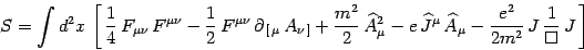 \begin{displaymath}
S=\int d^2 x  \left[  {1\over 4}  F_{\mu\nu}  F^{\mu\nu}...
...widehat A_\mu
-{e^2\over 2m^2} J  {1\over \Box}  J \right]
\end{displaymath}