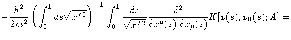 $\displaystyle -
\frac{\hbar ^{2}}{2 m ^{2}}
\left(
\int _{0} ^{1} ds
\sqrt{x ^{...
...{2}}
{\delta x ^{\mu} (s) \ \delta x _{\mu} (s)}
K [ x (s) , x _{0} (s) ; A ]
=$