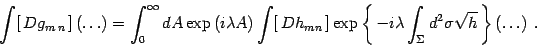 \begin{displaymath}
\int [ Dg_{m n} ]\left(\dots\right)=
\int_0^\infty dA \...
...\int_\Sigma d^2\sigma
\sqrt{h} \right\}\left(\dots\right) .
\end{displaymath}